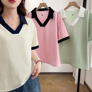 撞色POLO領滾邊短袖上衣 獨具衣格 C0362