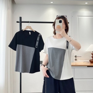 不對稱拼接假兩件短袖上衣 獨具衣格 C0394
