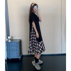 法式假兩件下擺格紋拼接短袖洋裝 獨具衣格 C0397