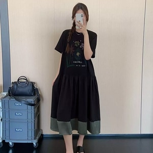 法式花朵印花假兩件拼接感洋裝 獨具衣格 C0398