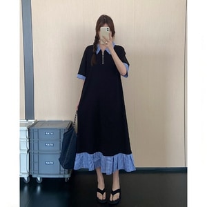 POLO領格紋拼接短袖洋裝 獨具衣格 C0400