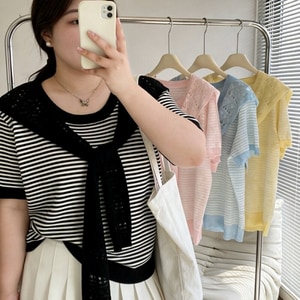 冰絲配條針織搭配蕾絲披肩短袖上衣 獨具衣格 C0424