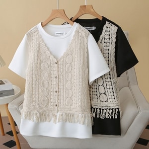 鏤空針織背心假兩件短袖T桖上衣 獨具衣格 C0427