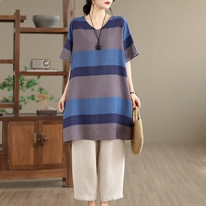 棉綢配條中長版短袖上衣 獨具衣格 C0442