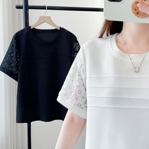 袖口勾花蕾絲拼接短袖T桖上衣 獨具衣格 C0447