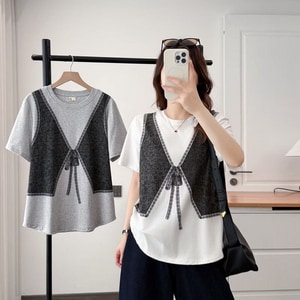 韓系設計感假兩件印花短袖T桖上衣 獨具衣格 C0455
