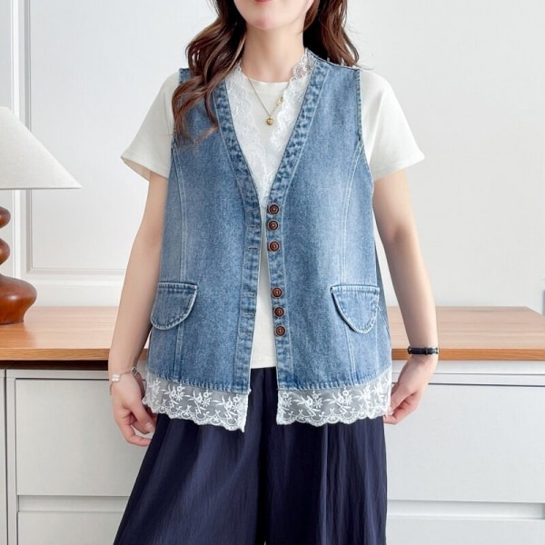 蕾絲拼接牛仔背心 獨具衣格 C0457