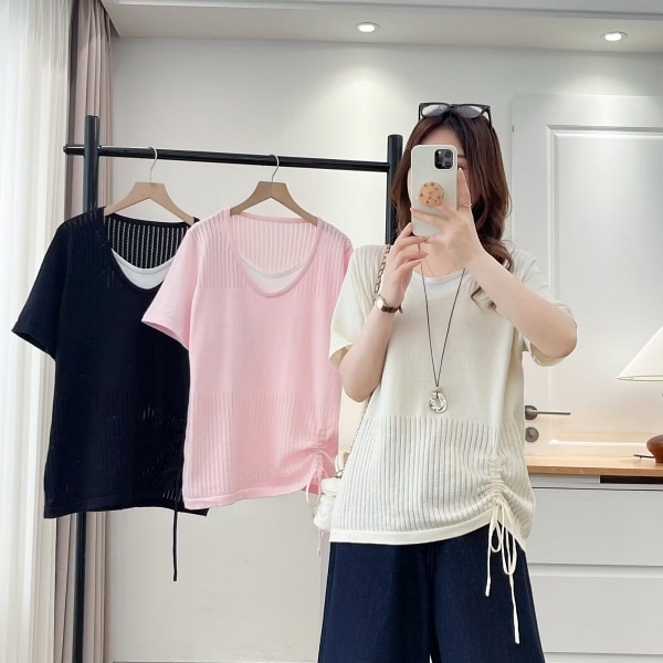 冰絲針織假兩件下擺綁帶短袖上衣 獨具衣格 C0458