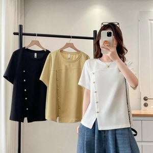 小香風金釦下擺開岔短袖上衣 獨具衣格 C0461