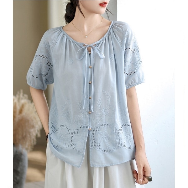 氣質款蕾絲領口綁帶短袖上衣 獨具衣格 C0465