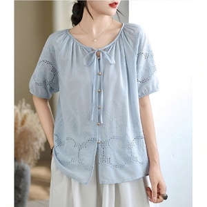 氣質款蕾絲領口綁帶短袖上衣 獨具衣格 C0465