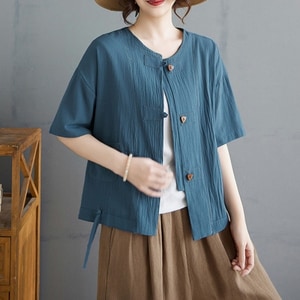 兩穿木釦裝飾棉麻短袖上衣外套 獨具衣格 C0467