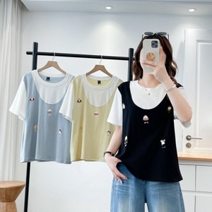 可愛狗狗刺繡假兩件圓領短袖T桖上衣 獨具衣格 C0472