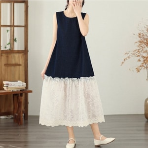 輕奢甜美風牛仔拼接下襬蕾絲背心洋裝 獨具衣格 C0473