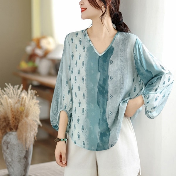 清新風格棉綢舒適V領寬鬆版型上衣 獨具衣格 C0474