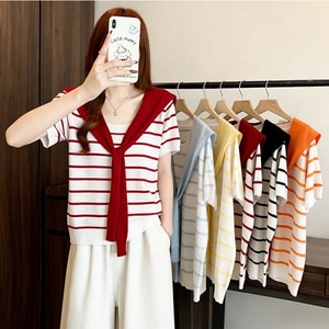 冰絲配條針織披肩假兩件短袖上衣 獨具衣格 C0488