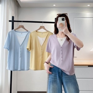 夏季透氣涼爽布料假兩件V領短袖T桖上衣 獨具衣格 C0491