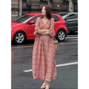 棉綢度假感紅色幾何長洋裝 獨具衣格 C0504