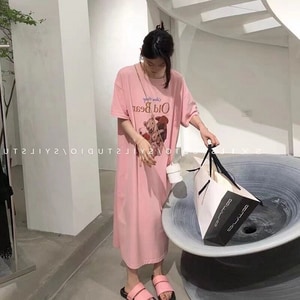 棉質可愛泰迪熊印花短袖長洋裝睡衣洋裝 獨具衣格 C0510