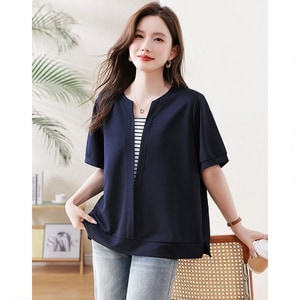 時尚配條假兩件短袖上衣(XL-5L) 獨具衣格 C0515