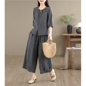 棉麻休閒感鑲珠設計套裝(上衣+長褲) 獨具衣格 C0520