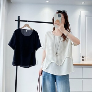 日系清新假兩件編織感短袖上衣 獨具衣格 C0535