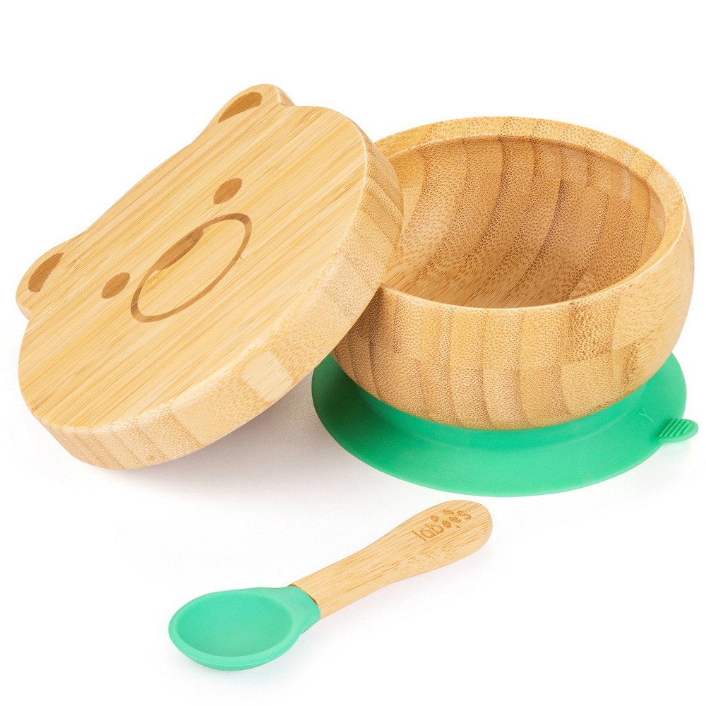 laboos 天然竹製兒童餐具-吸盤碗 兩用可愛熊蓋子 矽膠軟湯匙
