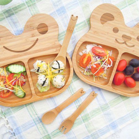 la-boos 竹製兒童餐具組合 - 可愛ＱＱ熊＋幸福微笑蛙 兩種款式一次擁有