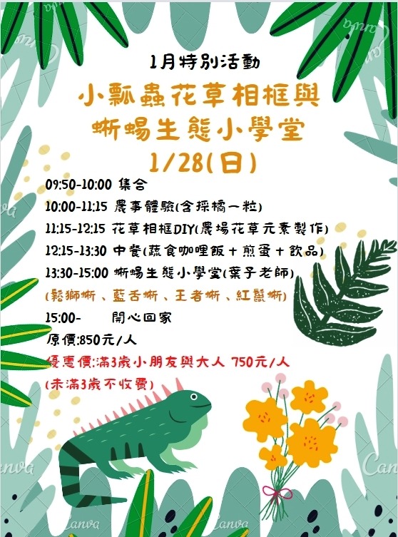 【散客預約】1月特別活動~小瓢蟲花草相框與蜥蜴生態小學堂