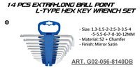 14 PCS EXTRA-LONG BALL POINT L-TYPE HEX KEY WRENCH SET.