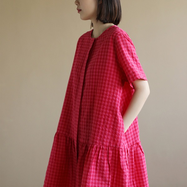 棉麻桃紅格紋洋裝