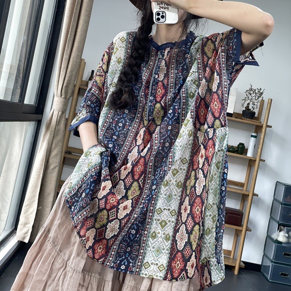 日系復古印花荷葉領中長版上衣 獨具衣格 J6558