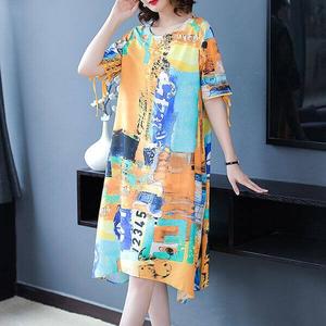 §獨具衣格§ J1290 絲質 藝術風印花洋裝-中大尺碼