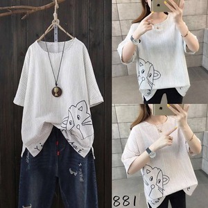 §獨具衣格§ J1730 棉麻 直條紋貓刺繡長版上衣-大尺碼