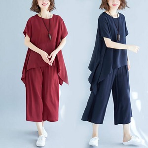 §獨具衣格§ J1786 素色顯瘦不規則下襬套裝(上衣+褲子)-大尺碼