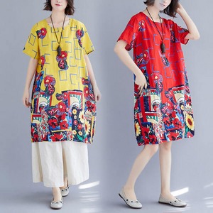 §獨具衣格§ J1801 棉麻 民俗風印花洋裝-中大尺碼