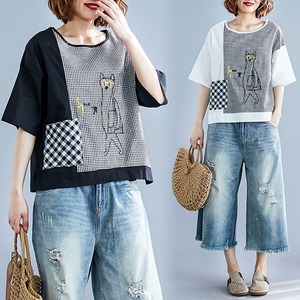 §獨具衣格§ J1855 格紋拼布貓刺繡上衣-多尺碼