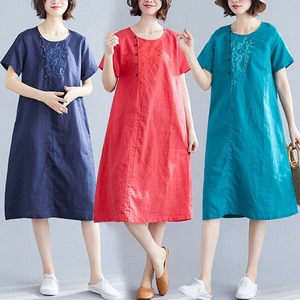 §獨具衣格§ J1864 棉麻 竹刺繡木釦洋裝-中大尺碼