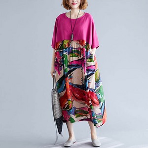 §獨具衣格§ J1924 棉麻 文藝風印花過膝洋裝-大尺碼