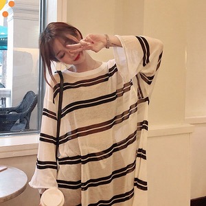 §獨具衣格§ J1999 冰絲透膚配條防曬罩衫長版上衣-大尺碼