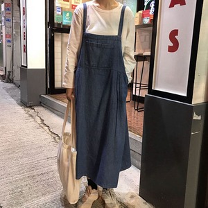 §獨具衣格§ J2005 早秋丹寧大口袋吊帶洋裝-中大尺碼