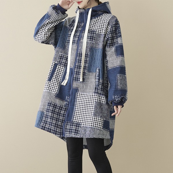 日系拼布風內刷毛連帽中長版上衣 獨具衣格 J5701