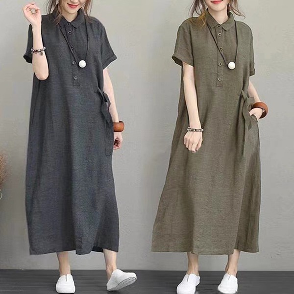 棉麻POLO領蝴蝶結綁帶洋裝 獨具衣格 J5945
