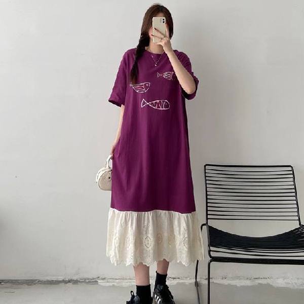 \小魚印花下襬蕾絲拼接洋裝 獨具衣格 J7777