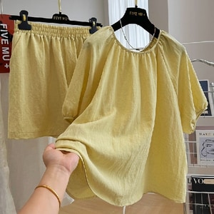棉麻鵝黃色休閒感套裝(上衣+短褲) 獨具衣格 J7829