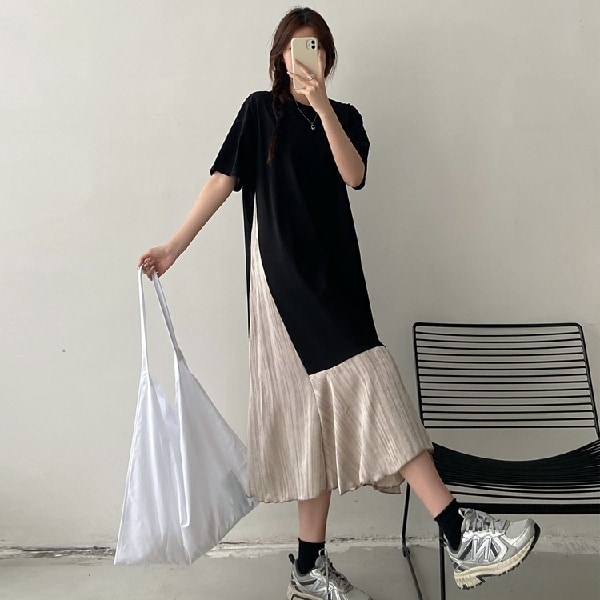 假兩件拼接飄逸感下擺短袖洋裝 獨具衣格 J7839