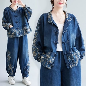 古典日系印花風格牛仔套裝(外套+褲子) 獨具衣格 J8790