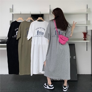 美式風格英文字印花過膝短袖長裙 獨具衣格 J8853