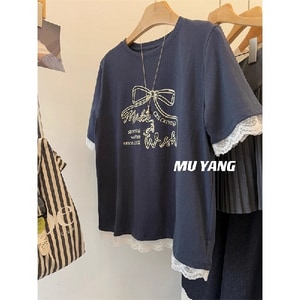 可愛蝴蝶結印花蕾絲拼接T桖上衣 獨具衣格 J8877