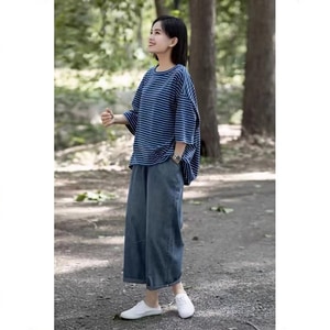 寬鬆版型藍色配條T桖上衣 獨具衣格 J8907